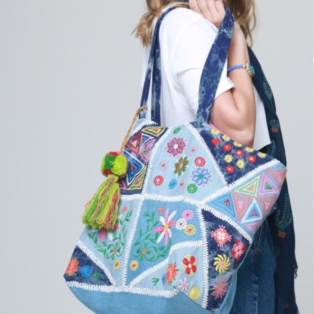 Macchia di Ruggine Boutique Boho Patchwork Embroidered Tie Dye Denim Tote Bag